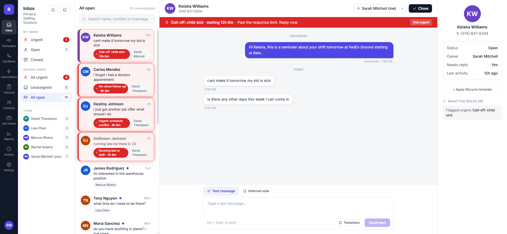 Relay Inbox — AI triage catches call-offs, urgents, and running-late messages automatically